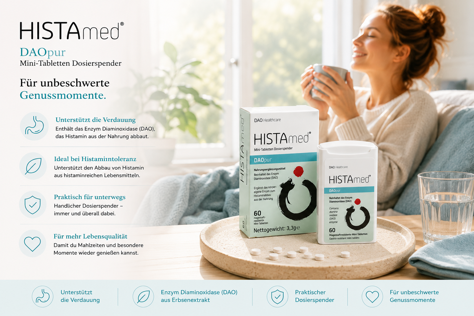 HISTAmed DAOpur Mini-Tabletten mit DAO-Enzym – emotionale Lifestyle-Darstellung für unbeschwerten Genuss und mehr Wohlbefinden bei histaminreicher Ernährung.