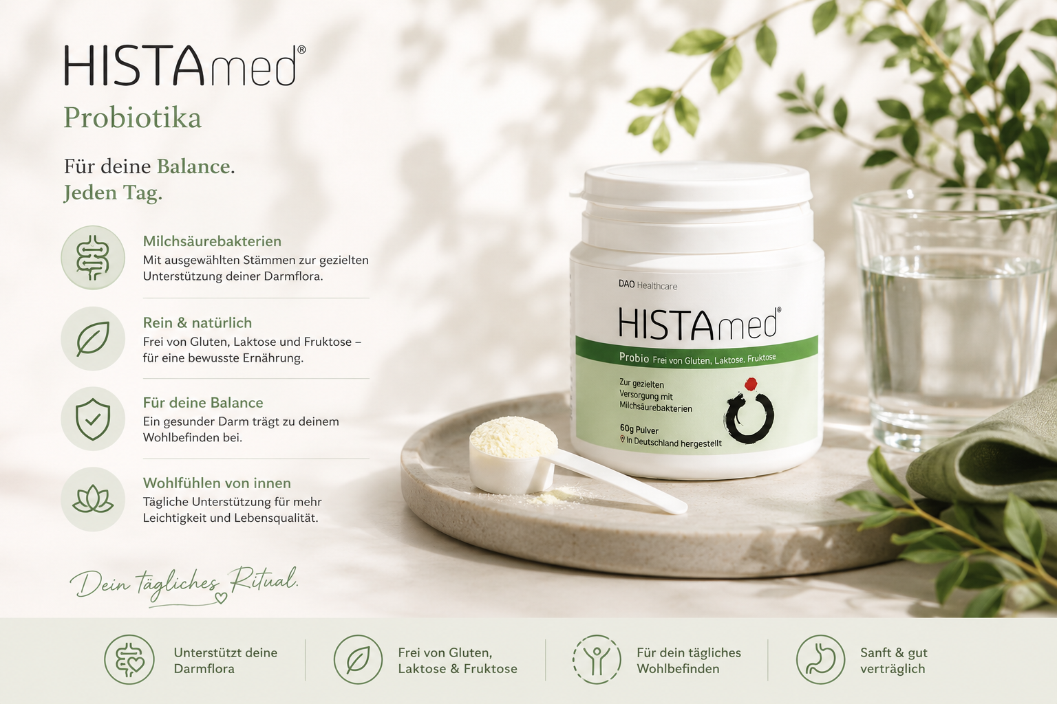 HISTAmed Probio Kapseln für Darmflora und Wohlbefinden – emotionale Lifestyle-Darstellung mit entspannter Frau und natürlicher Wellness-Atmosphäre.