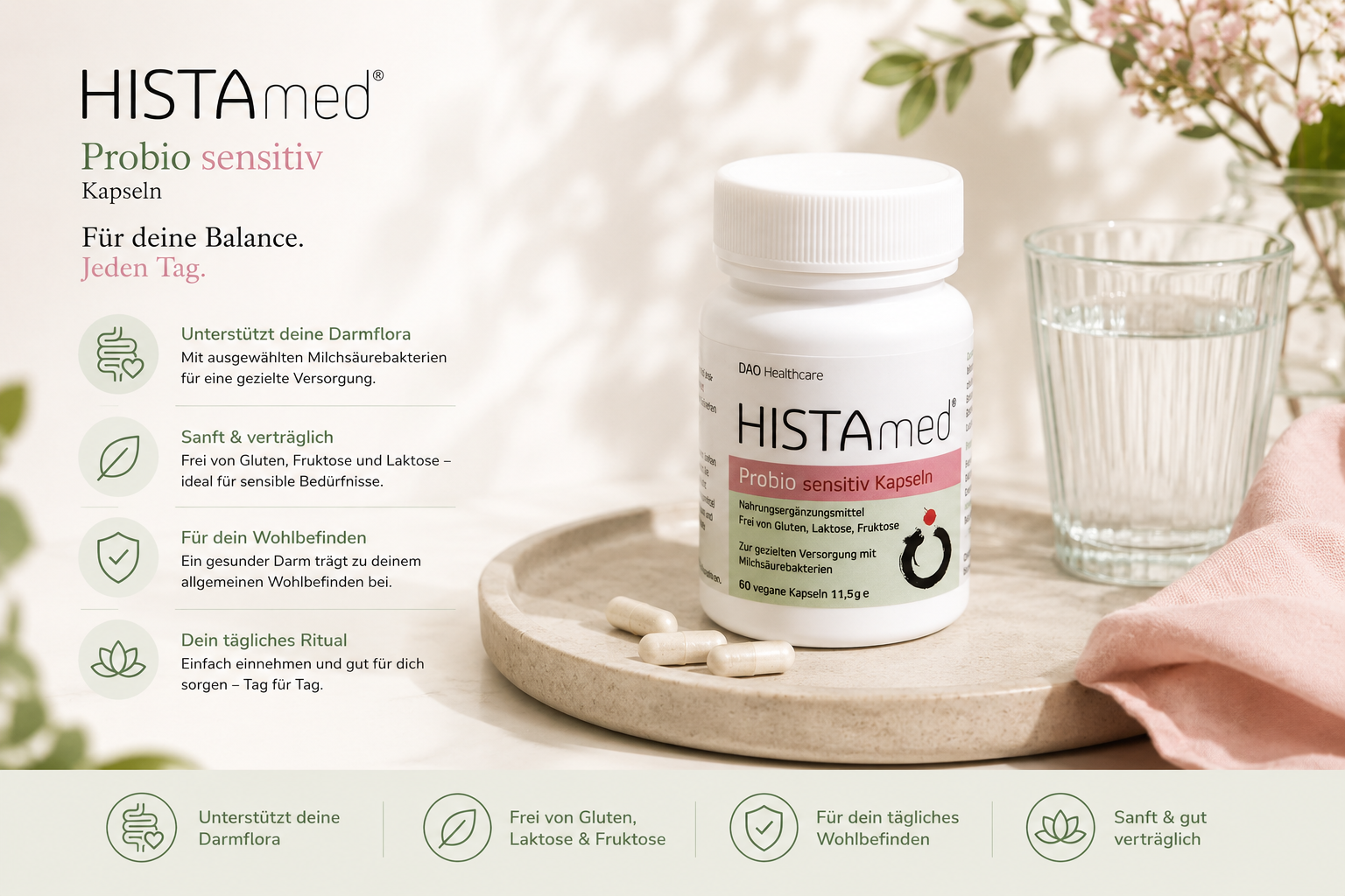 HISTAmed Probio sensitiv Kapseln – probiotische Nahrungsergänzung für sensible Menschen, frei von Gluten, Laktose und Fruktose, dargestellt in einer modernen Wellness-Produktgrafik.