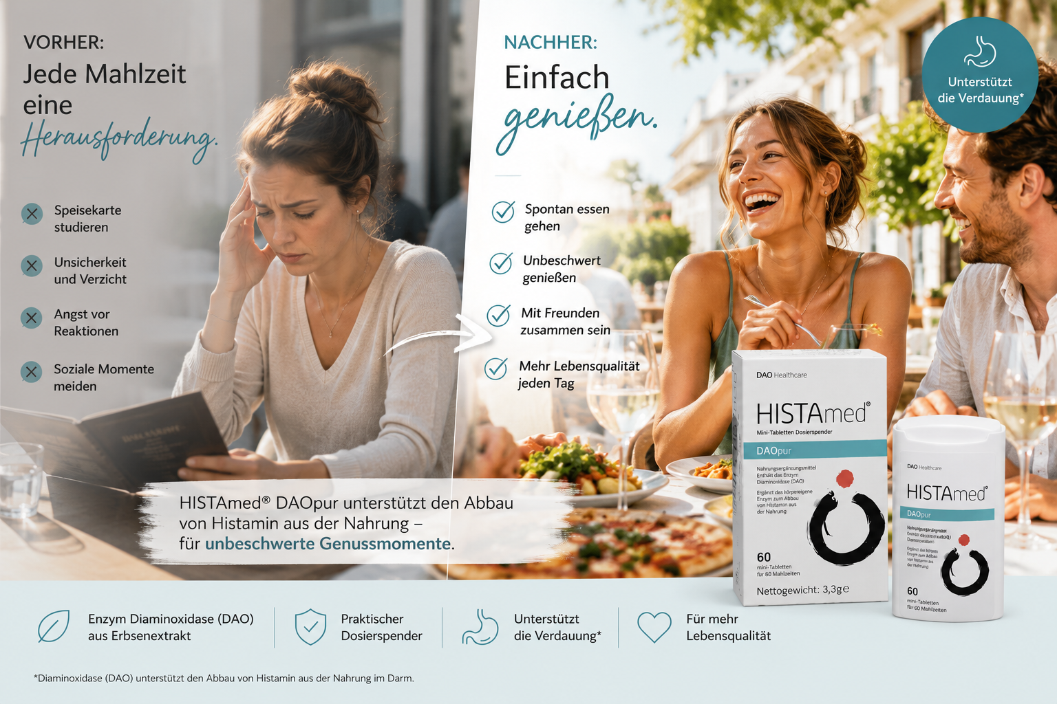 HISTAmed DAOpur bei Histaminintoleranz – DAO-Enzym für unbeschwerte Genussmomente im Restaurant und unterwegs.