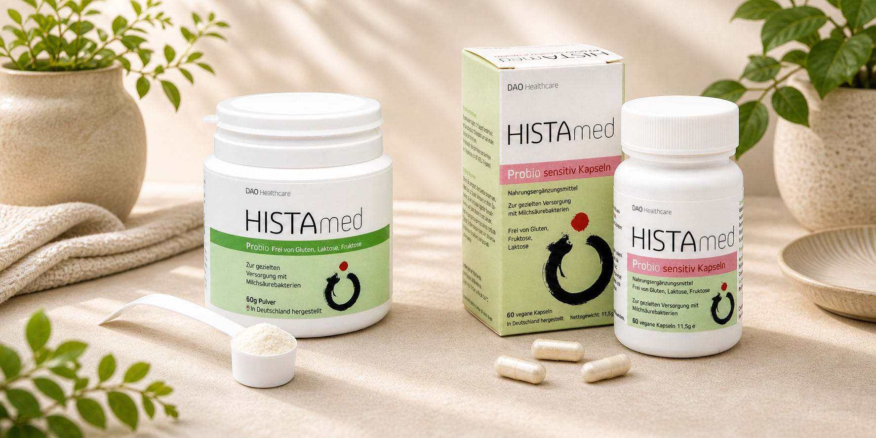 Set aus HISTAmed Probio und HISTAmed Probio Sensitiv vor beruhigendem Hintergrund