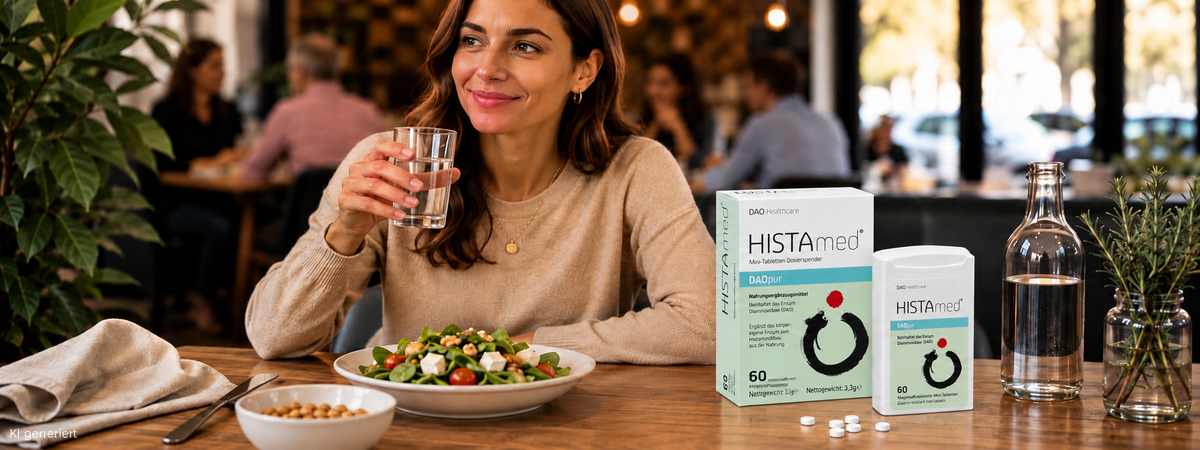 HISTAmed® DAOpur DAO-Enzym-Minitabletten mit Verpackung und Dosierspender auf einem Restauranttisch neben einem Salat. Im Hintergrund sitzt eine Frau mit einem Glas Wasser.