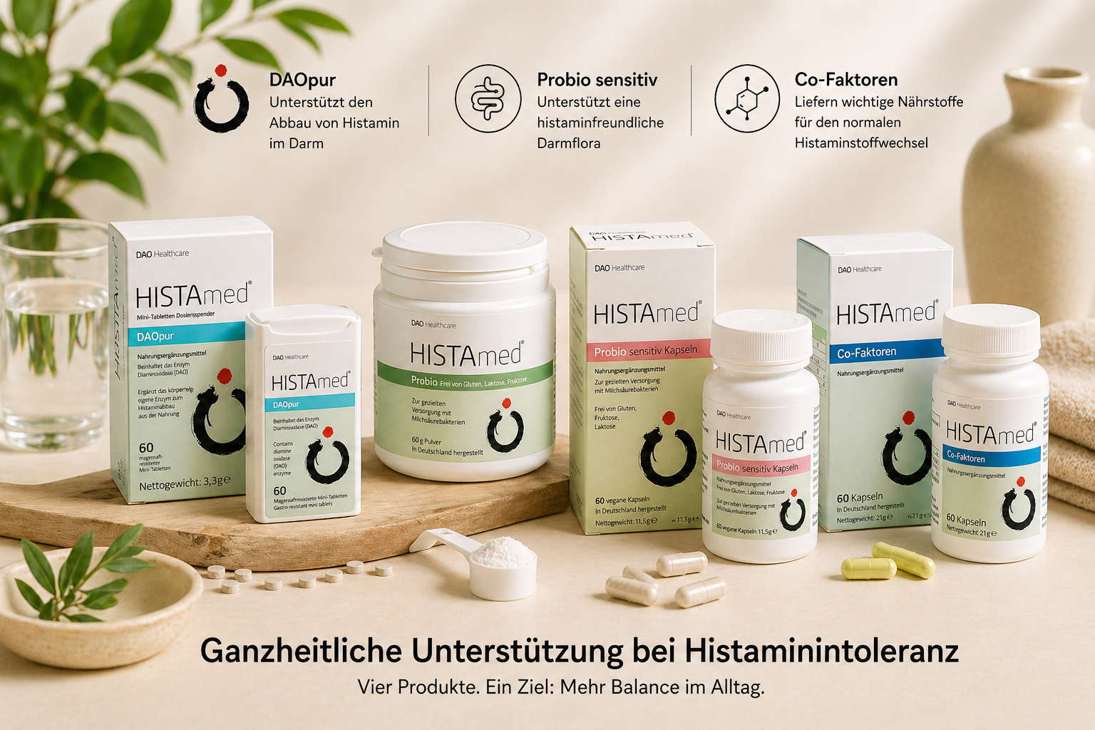 Histamed Produktvorstellung aus Histamed DAOpur, Histamed Probio, Histamed Probio sensitiv und HIstamed Co-Faktoren
